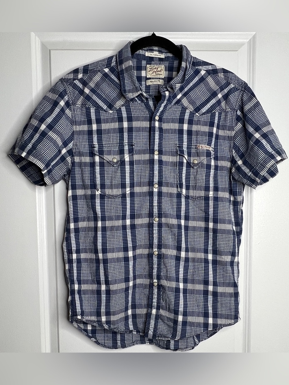 Lucky Brand Blue & White Plaid Western Snap Short Sleeve Shirt Medium